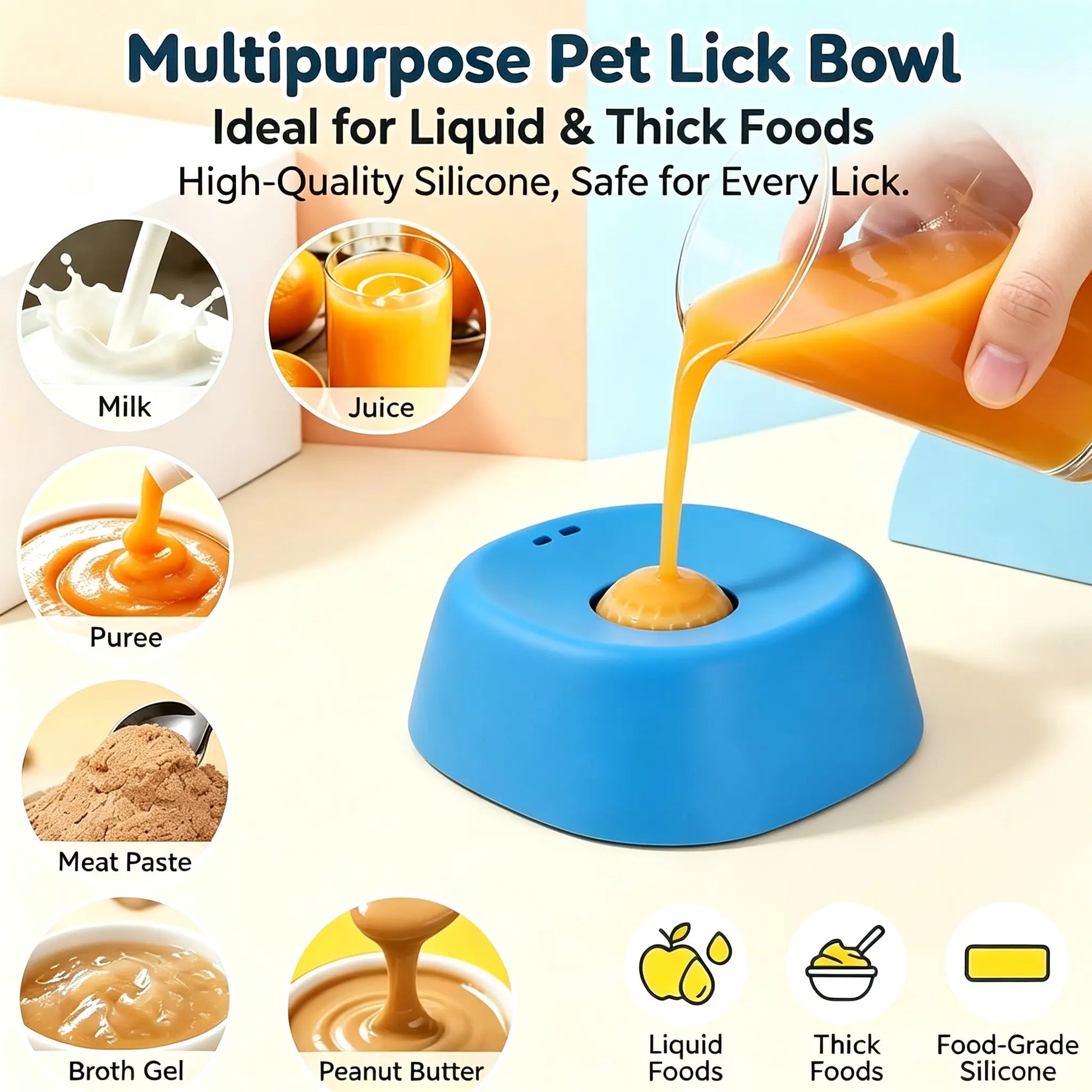 Dog & Cat Slow Feeder Licking Bowl - Food Slow Feeder with Built-In Rolling Ball for Spill Prevention, Multi-Use Feeding Vessel for Bone Broth & Yogurt, Optional Anti-Slip Base Pad